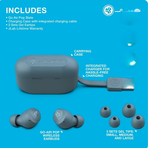 Jlab Go Air Pop Bluetooth Wireless Earbuds with Charging Case, Slate Color - Picture 6 of 9